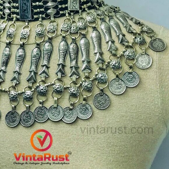 Tribal Choker Necklace With Fish Motifs and Vintage Coins, Afghan Fish Choker - Picture 3 of 9